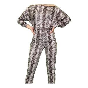 K - Too Deep Brown White (Grayish Brown) Snakeskin Print Zippered Jumpsuit Sz S